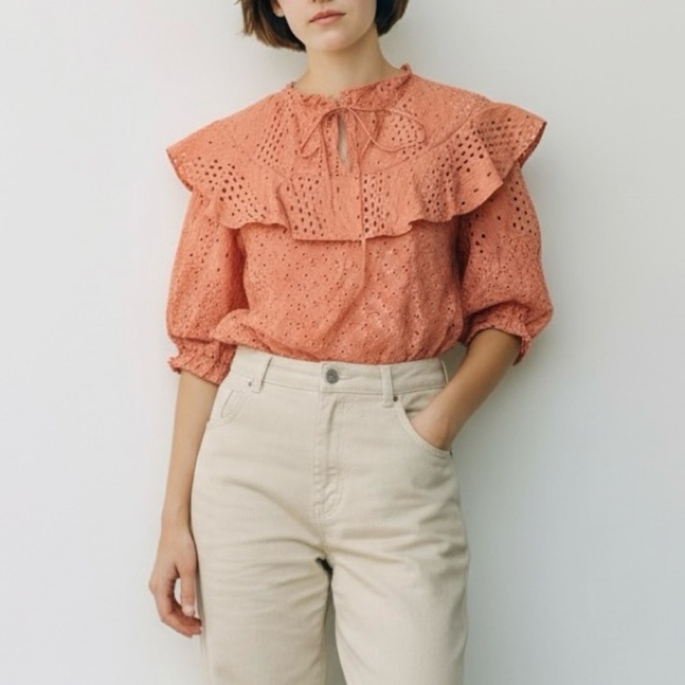 See By Chloe Coral Eyelet Ruffle Blouse
